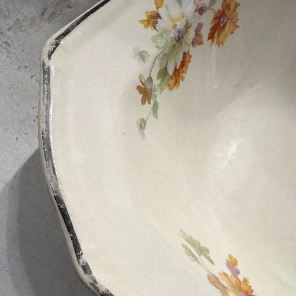 T & S Floral Octagonal Ceramic Serving Bowl, Cream Orange Purple Green Glossy